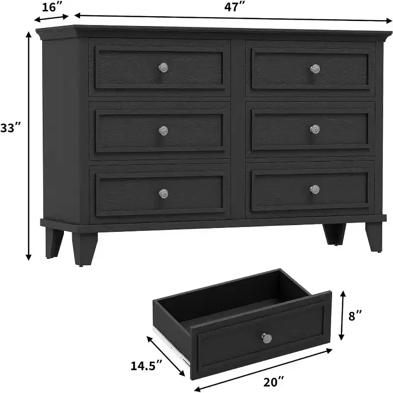 Dresser for Bedroom, 6 Drawer Wide Dresser Storage Organizer, Modern Wooden Chest of Drawers with Metal Handles for Hallway, Entryway, Home Office