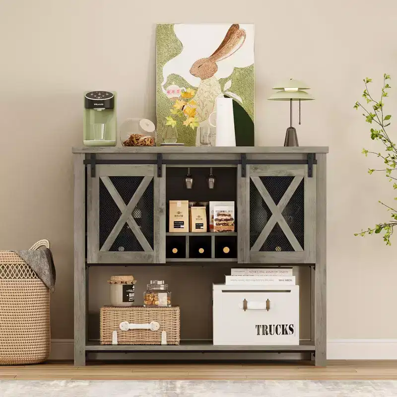 Farmhouse Coffee Bar Cabinet with Sliding Barn Doors, Wine Racks & Open Storage Shelf