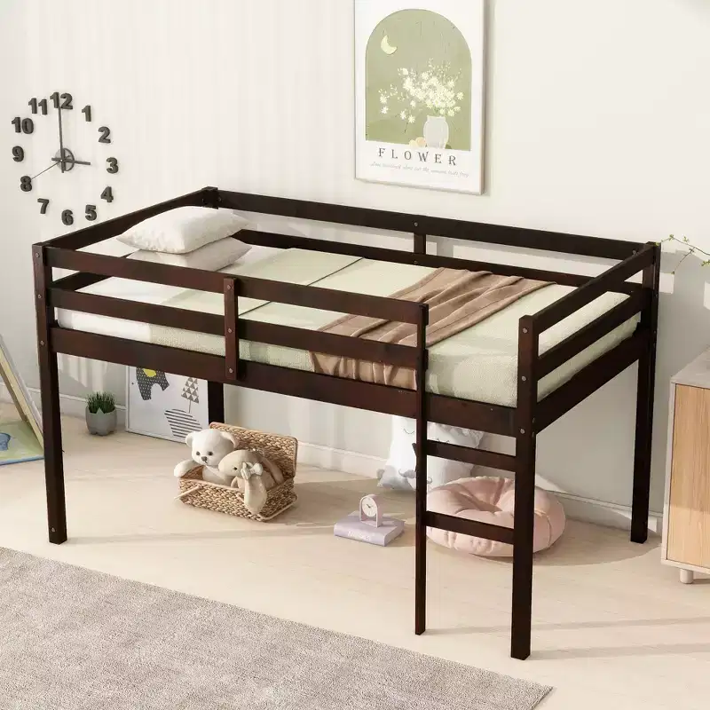Twin High Loft Bed with Integrated Desk & Safety Guardrail, Solid Rubberwood, Grey