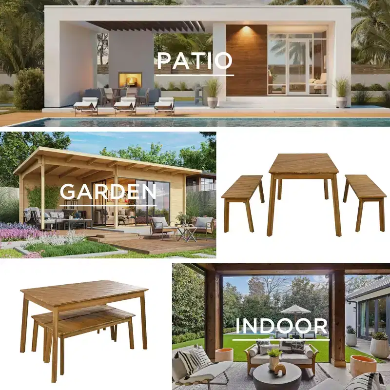 JVNOXK 3 Pieces Acacia Wood Table Bench Dining Set For Furniture With 2 Benches, Picnic Beer Table forPatio,Garden, Natural