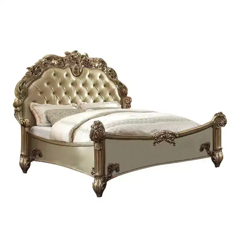 Queen Bed, Button-Tufted Headboard, Nailhead Trim, Faux Leather, Wood + Polyresin Frame, 73
