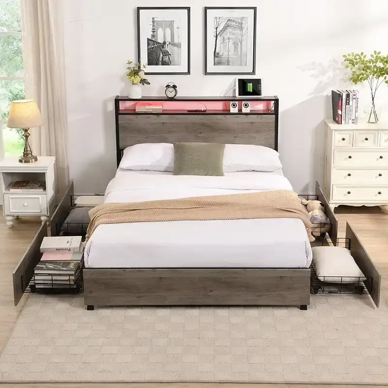 Wooden Bed Frame Storage Wingback Headboard with Charging Station and Drawers, No Box Spring Needed, Easy Assembly