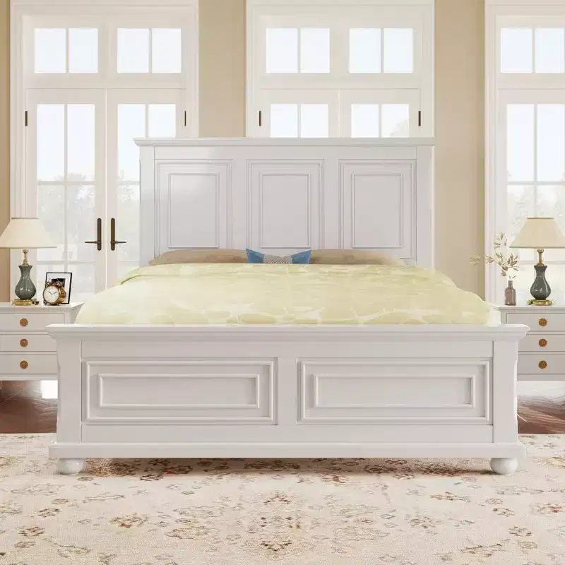 GDFStudio Michelle Pinewood Vintage Queen Bed Frame with Decorative Headboard and Footboard