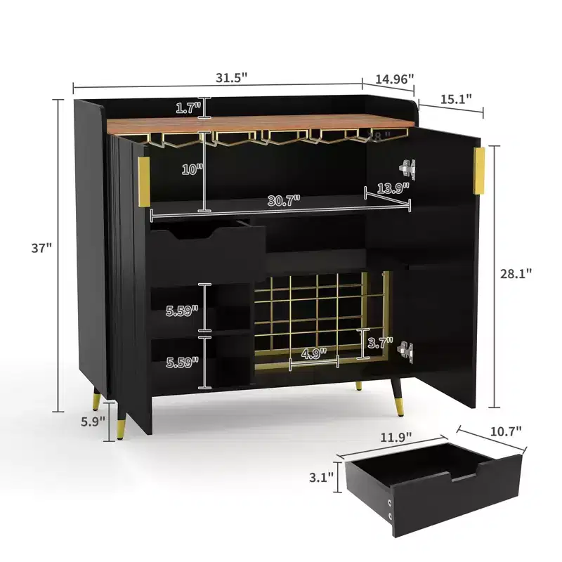 Glass Door Display Cabinet, Freestanding Storage Unit w/ Stemware Racks & Drawers