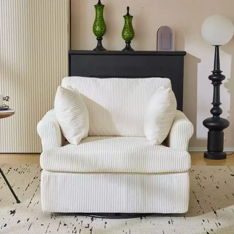 Beige Corduroy Living Room Swivel Barrel Accent Chair