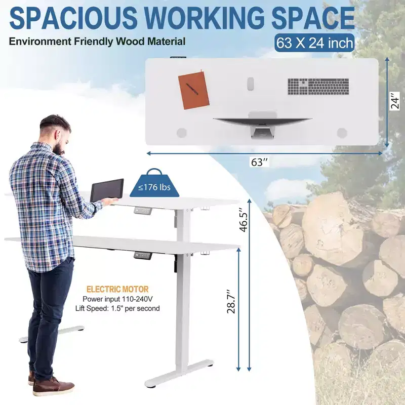 Celebalcony 63'' Adjustable Height Standing Office Desk, Computer Workstation PC Work Table with 2 Memory Preset Buttons