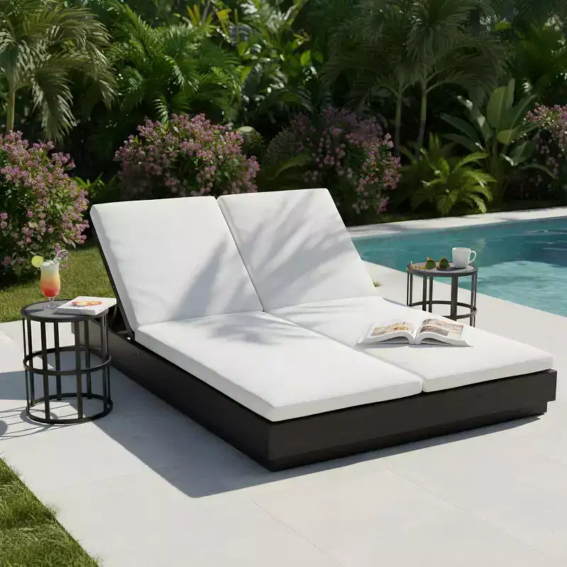 Christopher Knight Home Rizky Modern 3 Piece Acacia Patio Double Sunlounge with 5-Position Backrest and Table Set