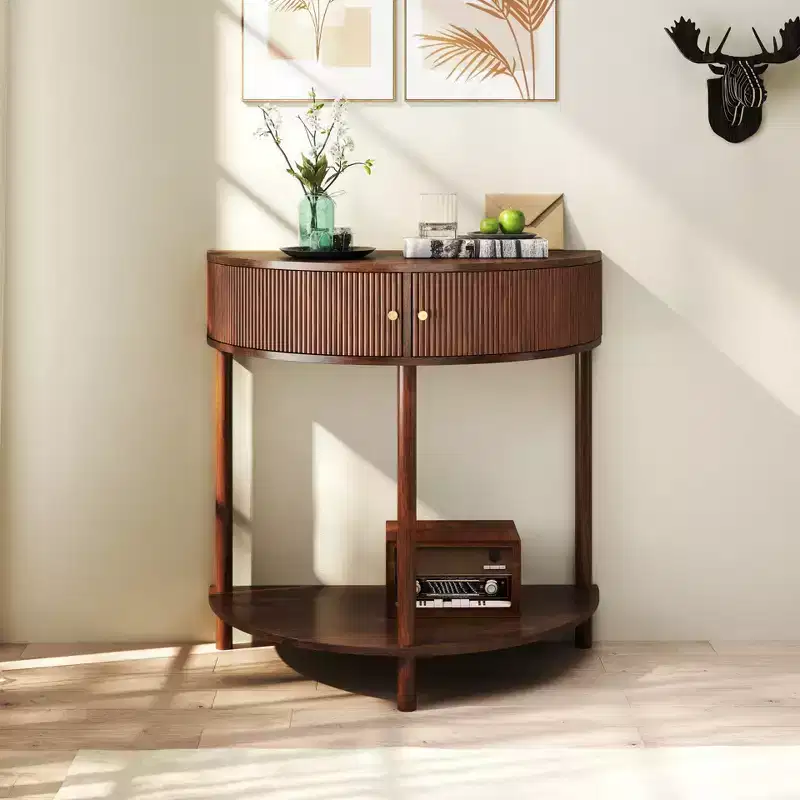MDF Half-Moon Console Table with 3D Wave Drawers & Open Shelf 31.5''W x 32.3''H Brown