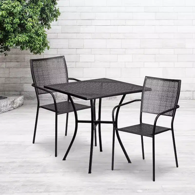 Emma and Oliver Commercial Grade 28 Square Metal Garden Patio Table Set w/ 2 Square Back Chairs