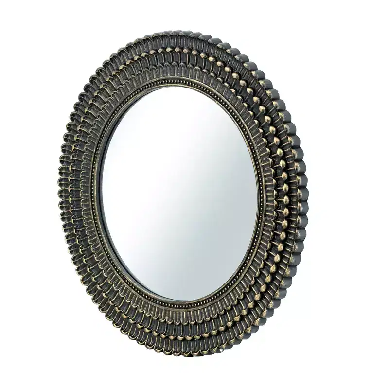 26.5 Inch Round Black and Gold Wooden Wall Mirror with Woven Texture
