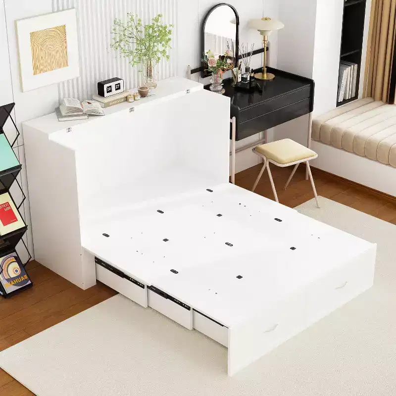 White Pull-Out Murphy Bed with Drawer & Charging Station – Full/Queen, 1–2 Person