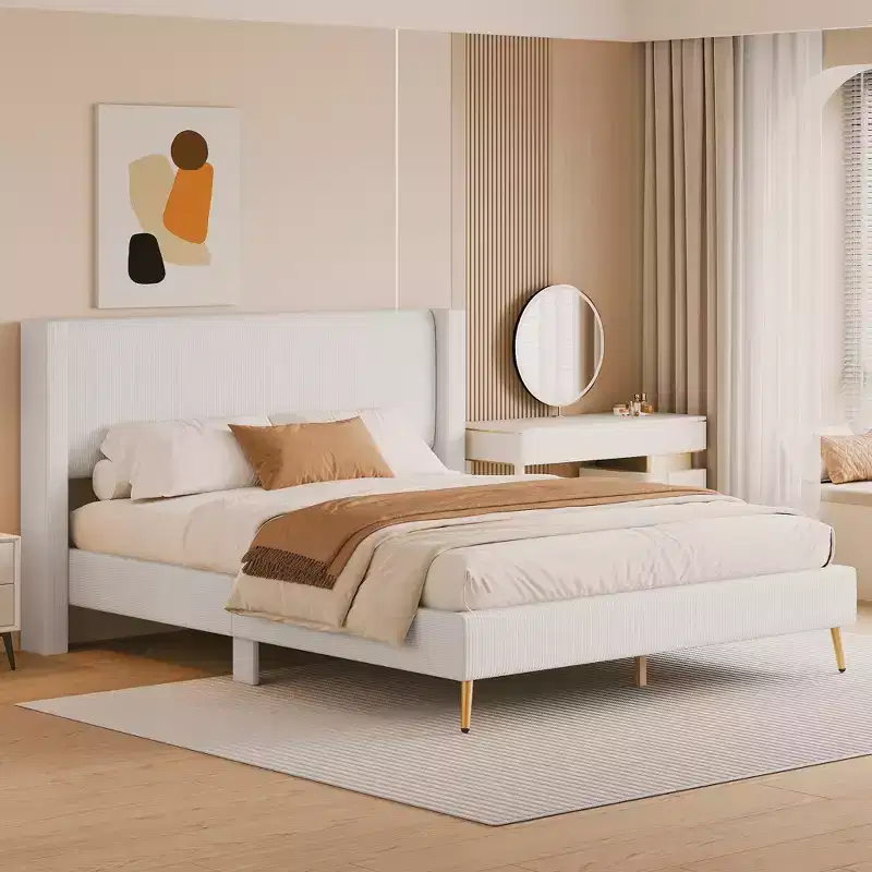 Wood Platform Bed Corduroy Upholstered with Wingback Headboard and Vertical Stripe