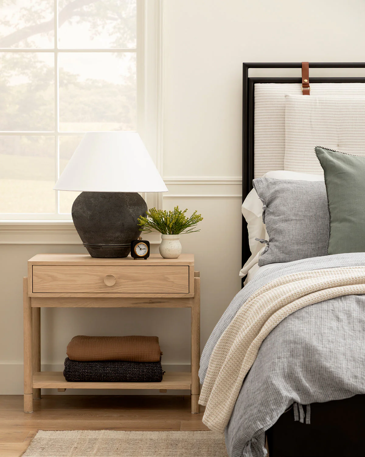 Classic Oak Nightstand with Round Pulls & Open Lower Shelf for Bedroom