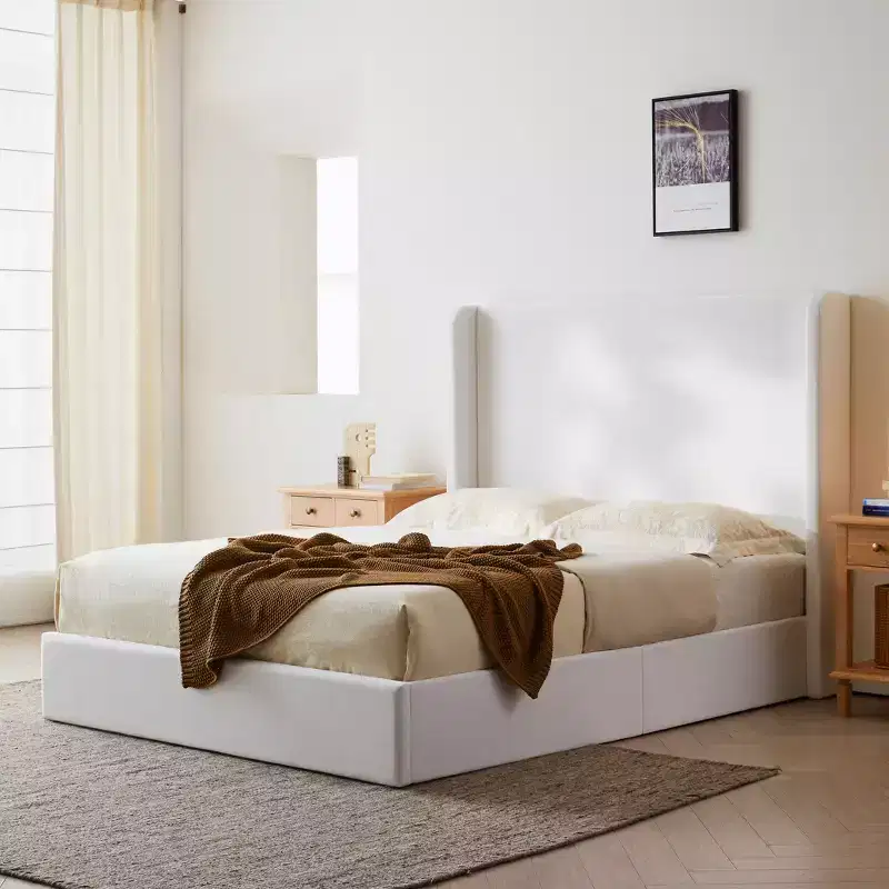 Modern Coconut Micro Suede Upholstered Floor Bed with Wingback Headboard