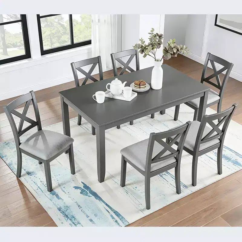 GDFStudio Loren Modern 7-Piece Solid Wood Upholstered Dining Table and Chairs Set