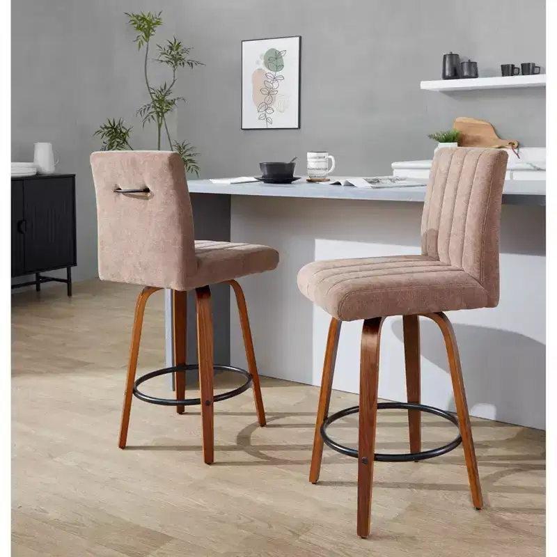 LumiSource Set of 2 Hank Counter Height Barstools Walnut Wood/Brown Fabric