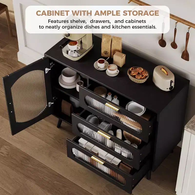 Sideboard Buffet Cabinet with Storage, Buffet Cabinet with Fluted Door and 3 Drawers, Sideboard for Kitchen, Dining Roombeautiful