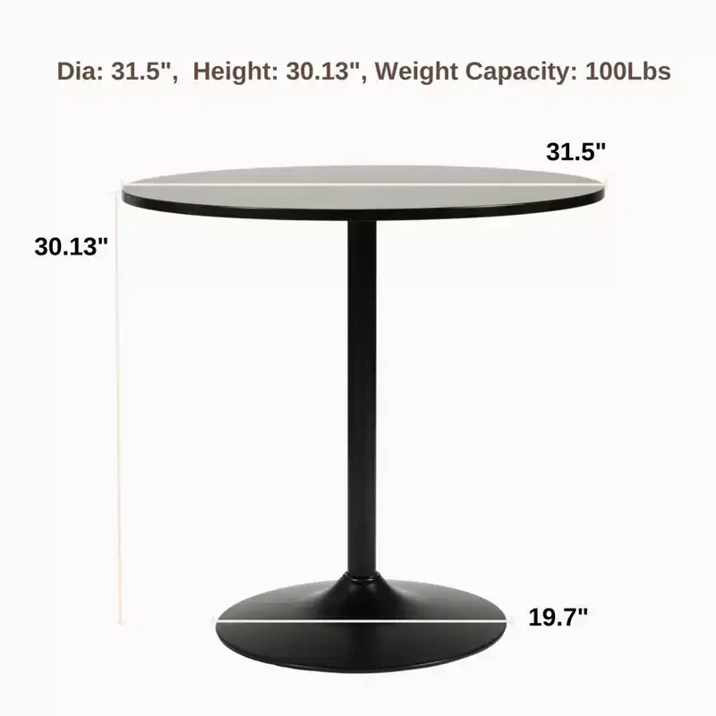 31 Round Pedestal Dining Table for Small Spaces, Compact 2-Person Kitchen & Café Table, Black