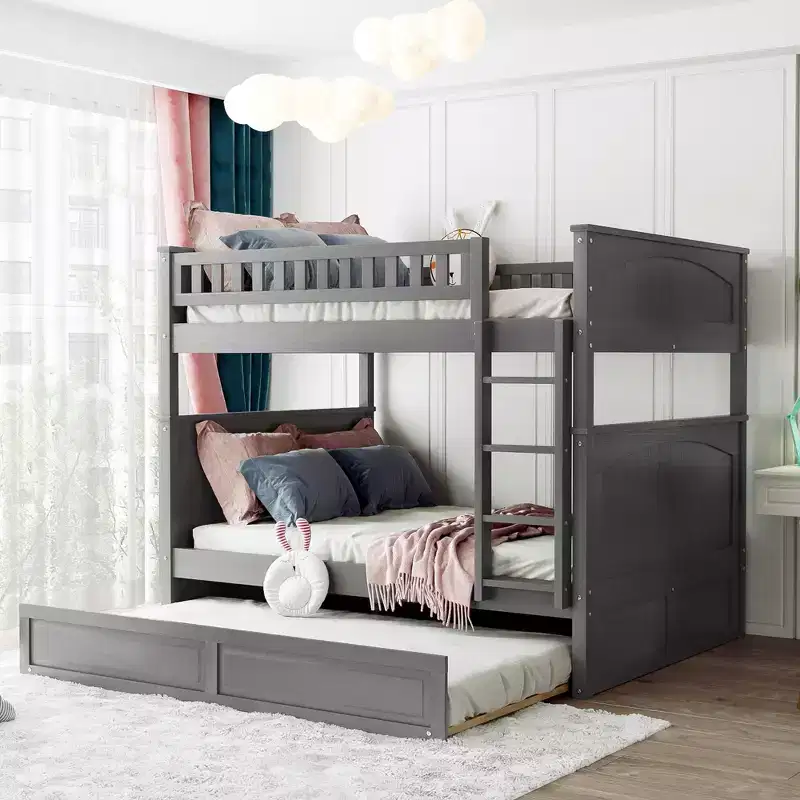 Full over Full Bunk Bed with Trundle, Full Size Wood Bunk Bed Frame for Kids and Teens