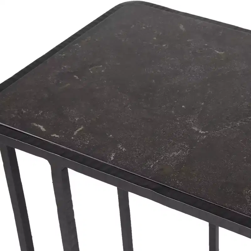 Rectangular Bluestone Top Accent Table with Black Iron Frame & Carved Details, 24