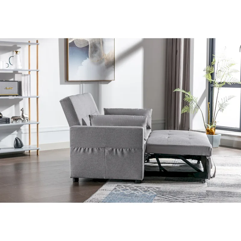 Light Grey Linen Fabric 3-In-1 Convertible Sleeper Loveseat With Side Pocket