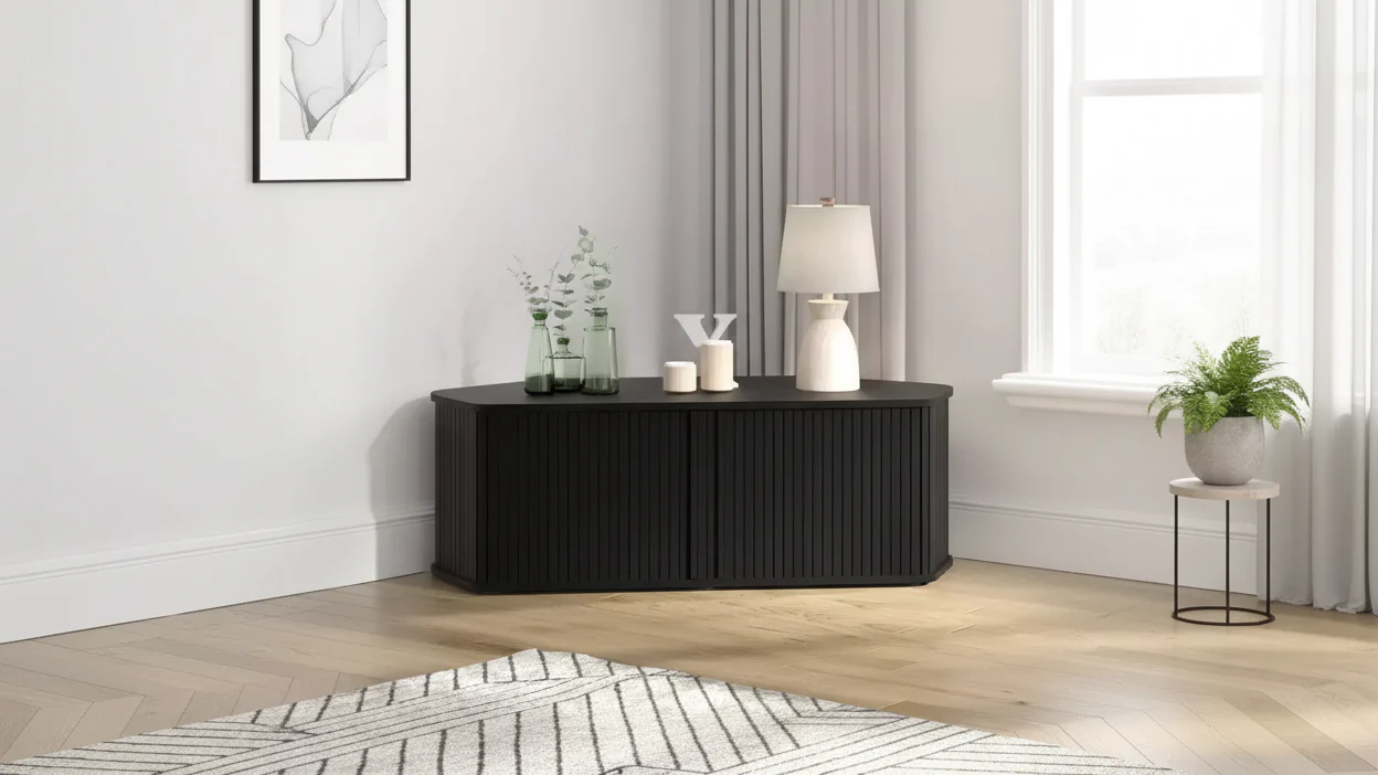 Corner TV Cabinet with Sliding Tambour Door in Black Oak, 43.3 W x 20 D x 14.8 H