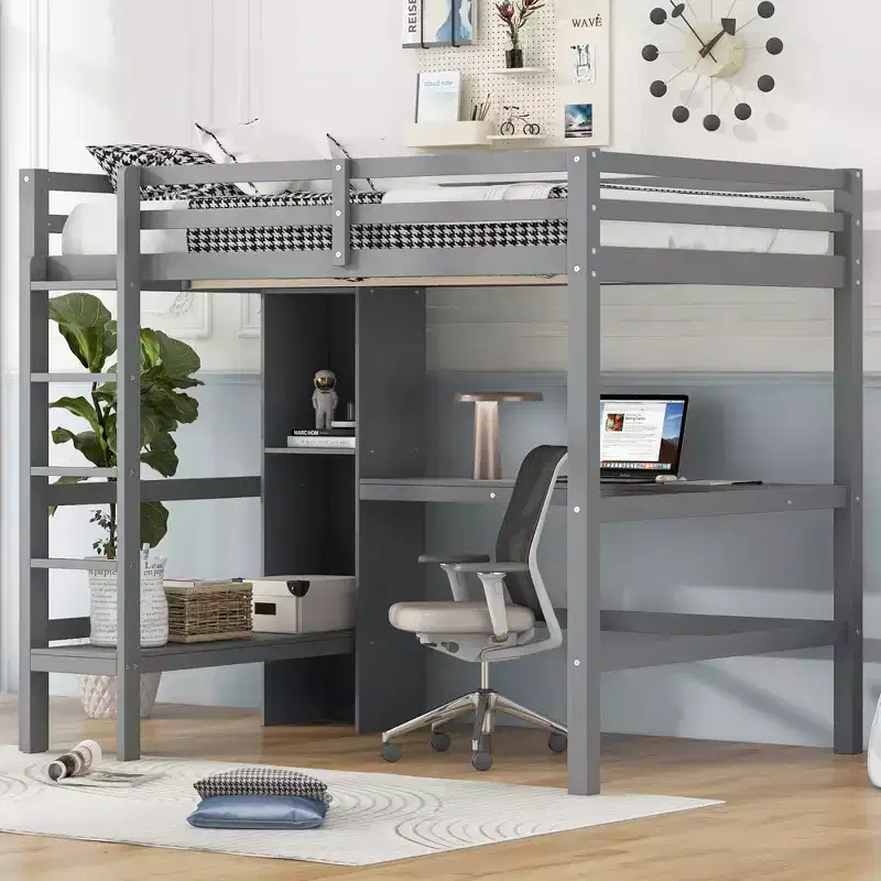 Full Size Loft Bed with Storage Shelves and Under-Bed Desk, Space-Saving Loft Bed Frame for Kids, Teens & Adults, Gray/White - ModernLuxe