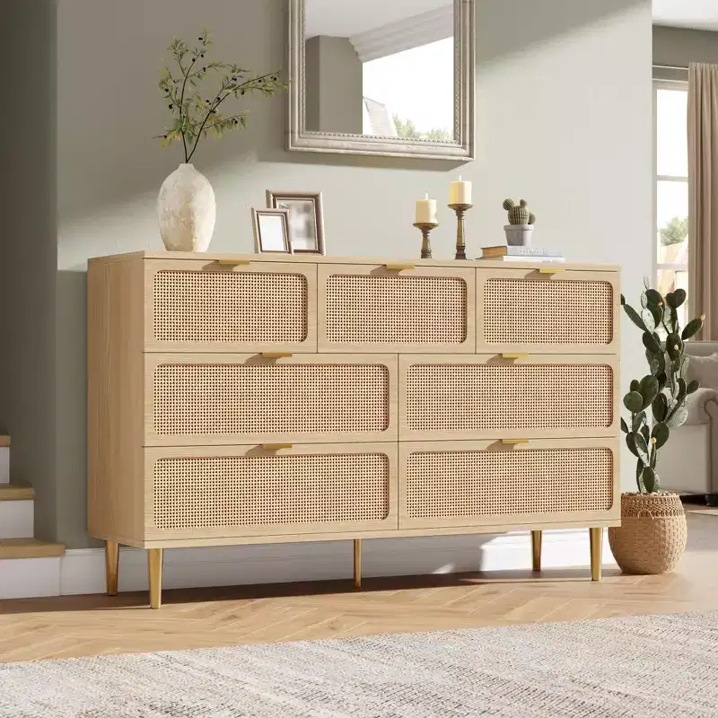 Rattan 7-Drawer Dresser for Bedroom - 53.9 Wooden Chest of Drawers w/Metal Handles, Multi-Functional TV Stand & Storage Organizer