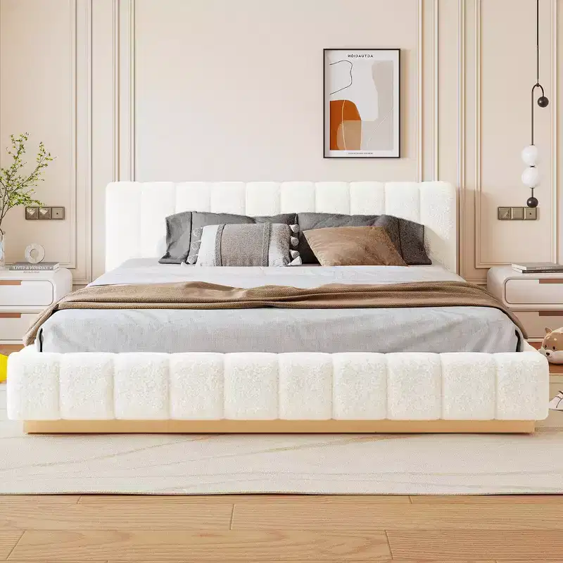 Queen/King Platform Bed Frame – Boucle Upholstered Low Profile Design