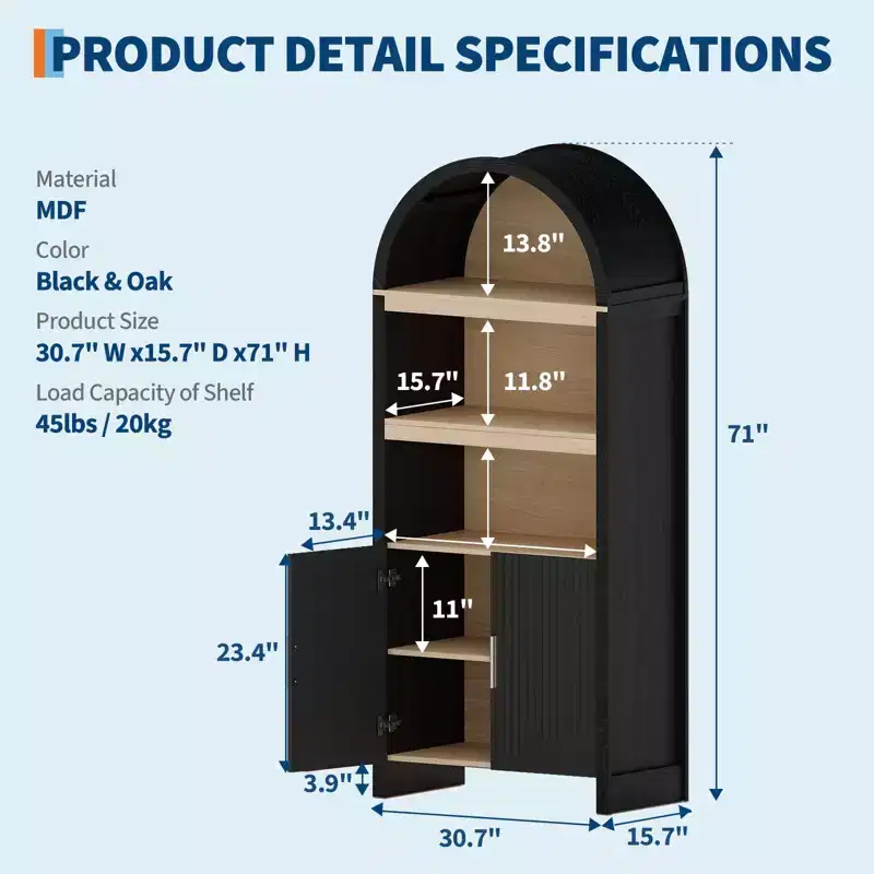 Garvee 71 Tall Arched Pantry Cabinet, 5-Tier Arched Bookcase with Doors, Wooden Arched Cabinet with Adjustable Shelf for Dining Living Room