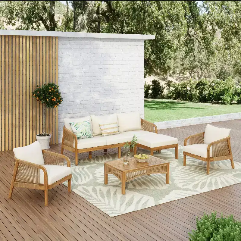 Christopher Knight Home Ignis Boho 5 Piece Patio Acacia Wood Faux Rattan Chat Set with Cushions and Slatted Coffee Table