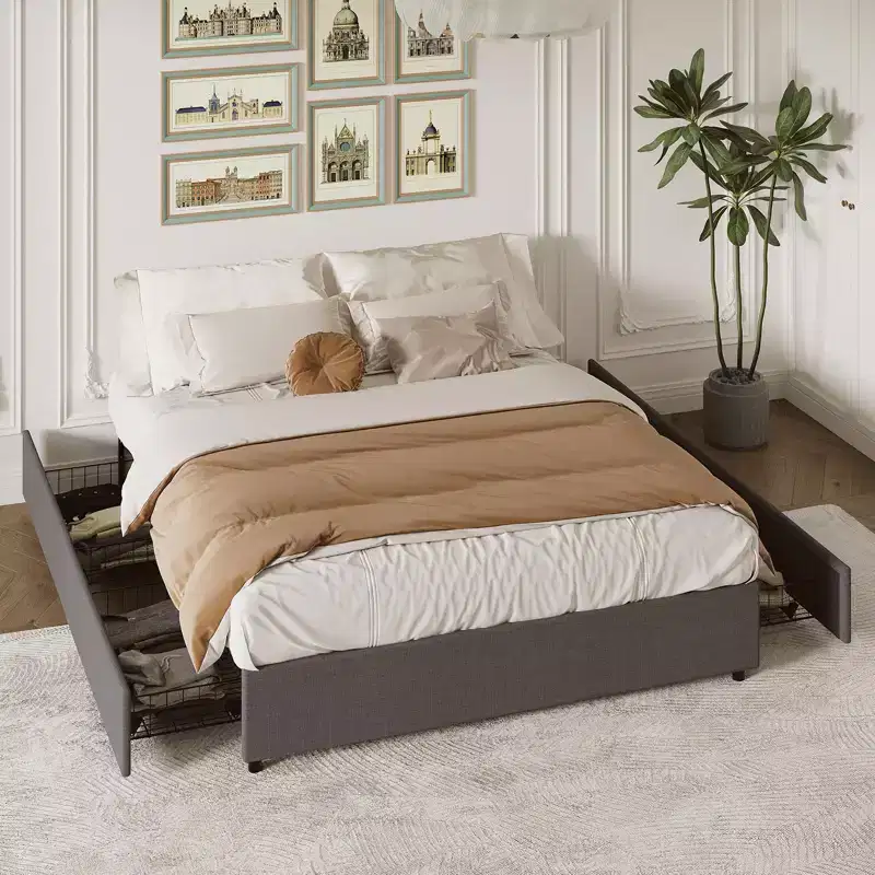 King Platform Bed Frame with 4 Storage Drawers, Linen Fabric Upholstered