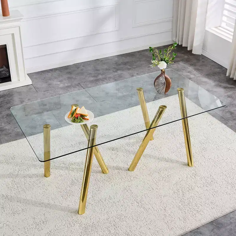 71-Inch Tempered Glass Dining Table with Sturdy Metal Legs, Impact and Heat Resistant for Family Dining