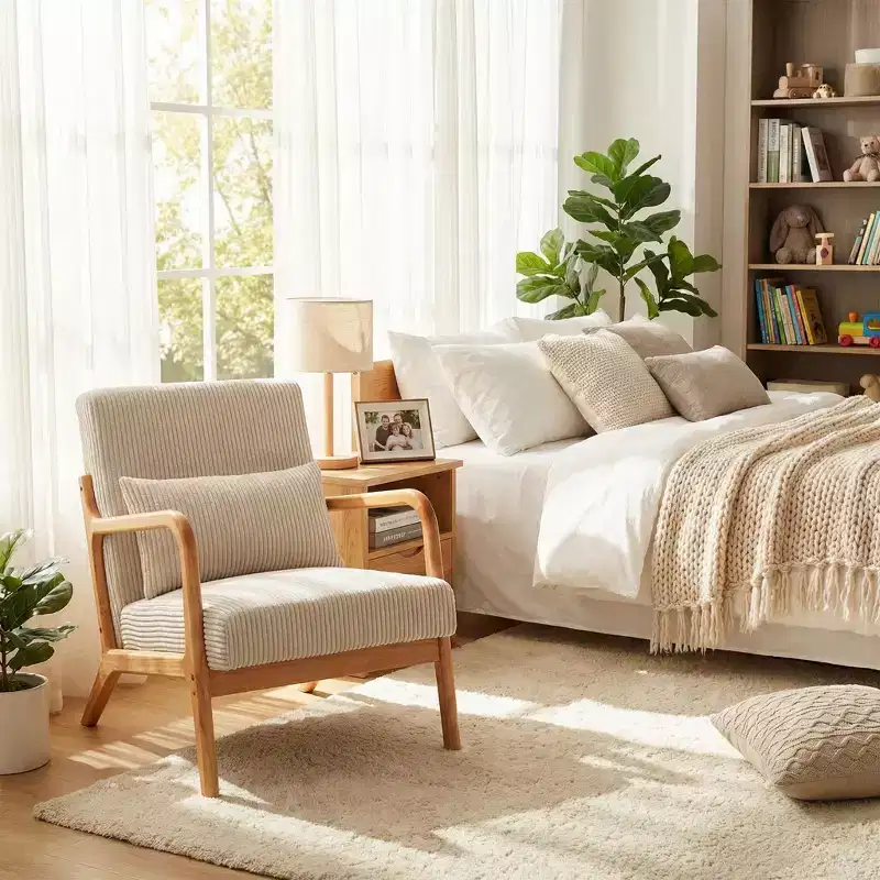 FurnitureR Modern Upholstered Accent Chair with Solid Wood Arms, Textured Fabric Lounge Chair for Living Room, Bedroom, Reading Nook