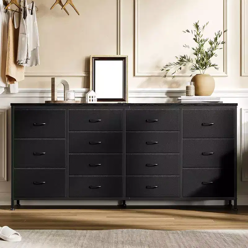 Modern Accent 63 W Dresser, TV Stand for 65/70/75 Inch TV, 14 Drawer Cabinet for Bedroom, Large Long Fabric Dresser Entertainment Center
