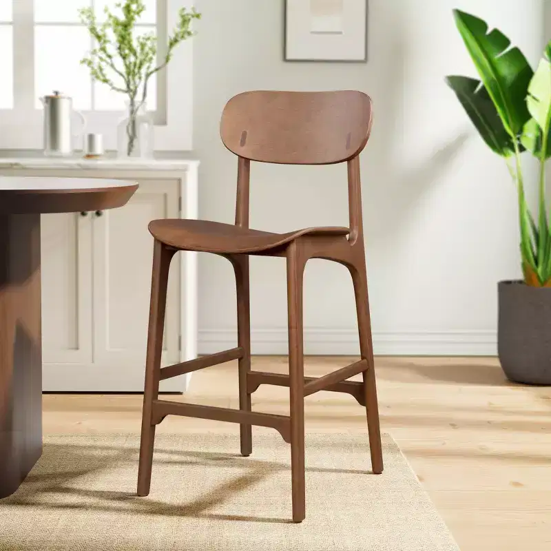 Wood Bar Stool, Square Seat, Mid Back, 30