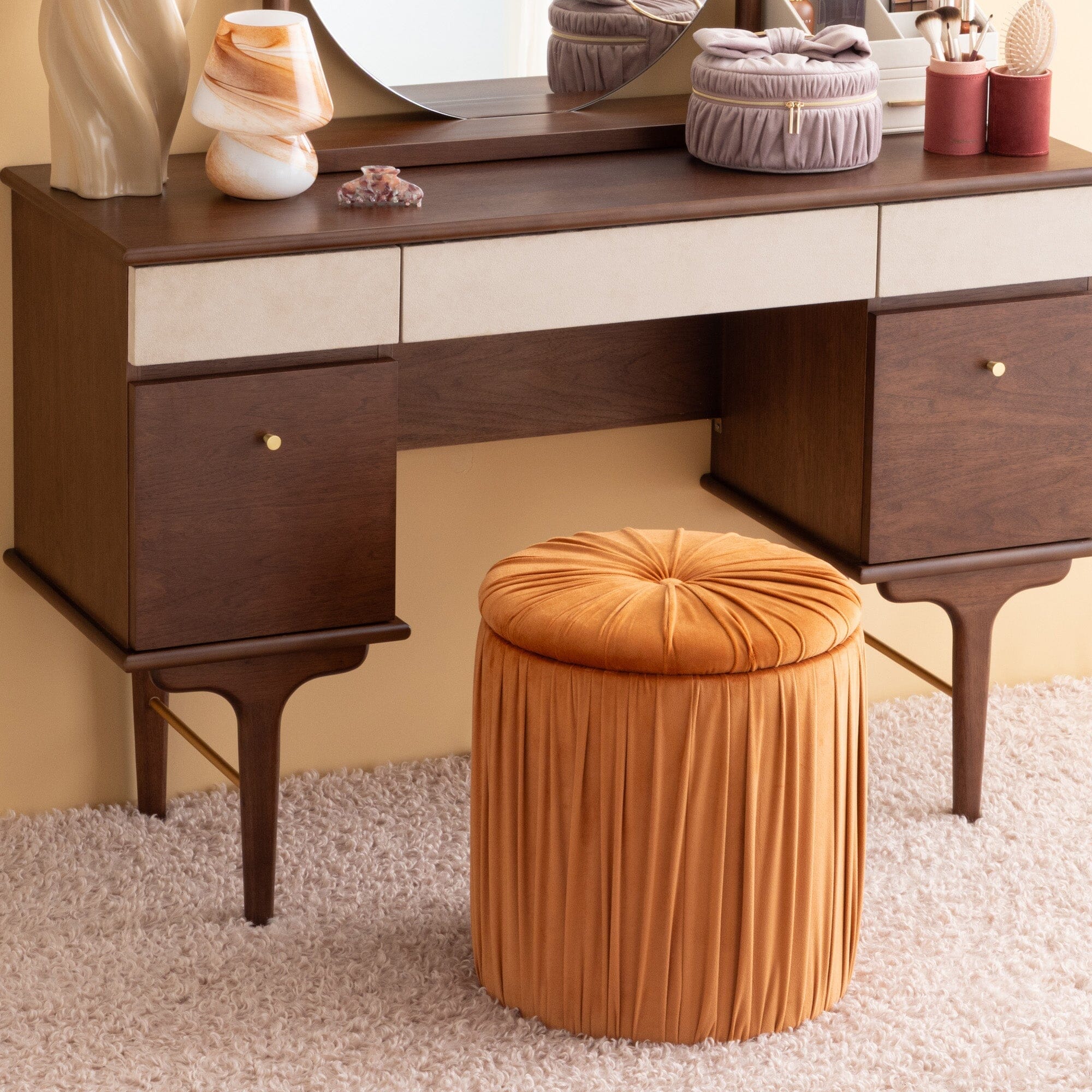Orange Pleated Texture Accent Stool