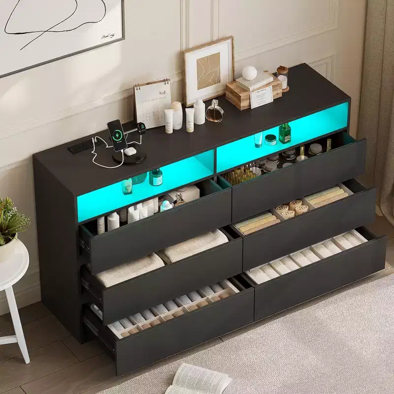 Modern 6 Drawer Dresser for Bedroom With LED Lights and Power Outlet, Double Wide Drawer Storage Organizer TV Stand for Living Room