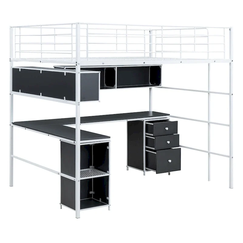 Metal Loft Bed with Bookcase, Desk and Cabinet