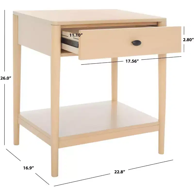 1-Drawer Rubberwood Nightstand with Open Shelf, Whitewash Finish, No Assembly