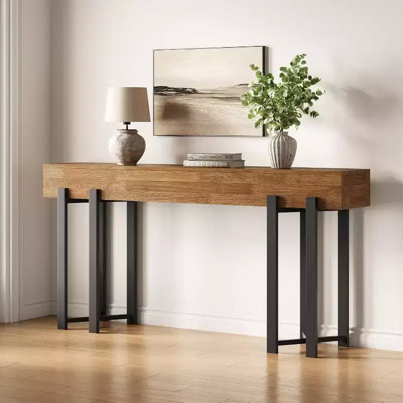 Lantine 63Console Table for Entryway, Farmhouse Behind Couch Table, Sofa Table with Black Metal Frame for Living Room, Oak