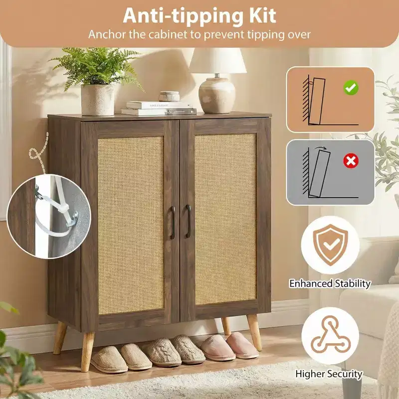 Costway Rattan Shoe Cabinet with 3 Removable Shelves,5-Tier Narrow Cabinet Wood Legs, Walnut/Natural