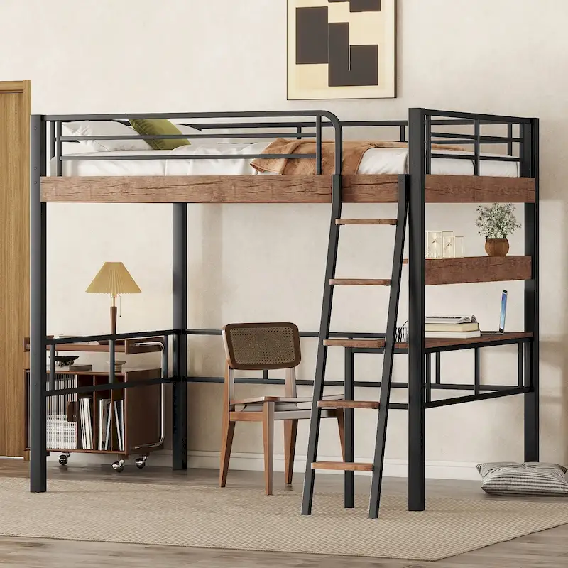 Full Size Metal Loft Bed with Built-in Desk, Shelf & Integrated Ladder, Space-Saving, 250 lbs