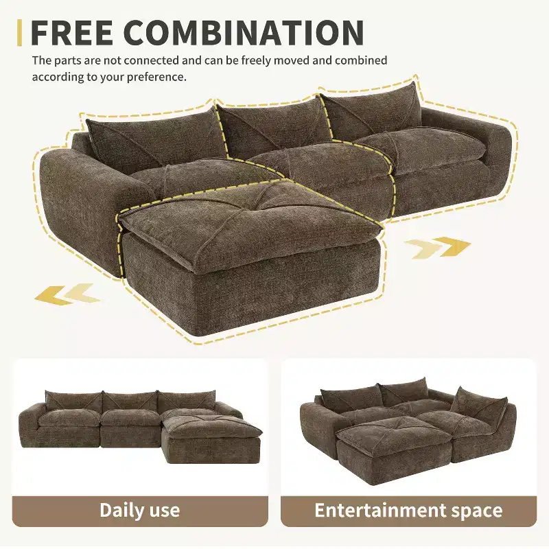 Whisen 116 Modular 4-Seat Sofa Bed, Spacious Foam Filled, Elderly/Baby Safe, No Assembly, Free Combination