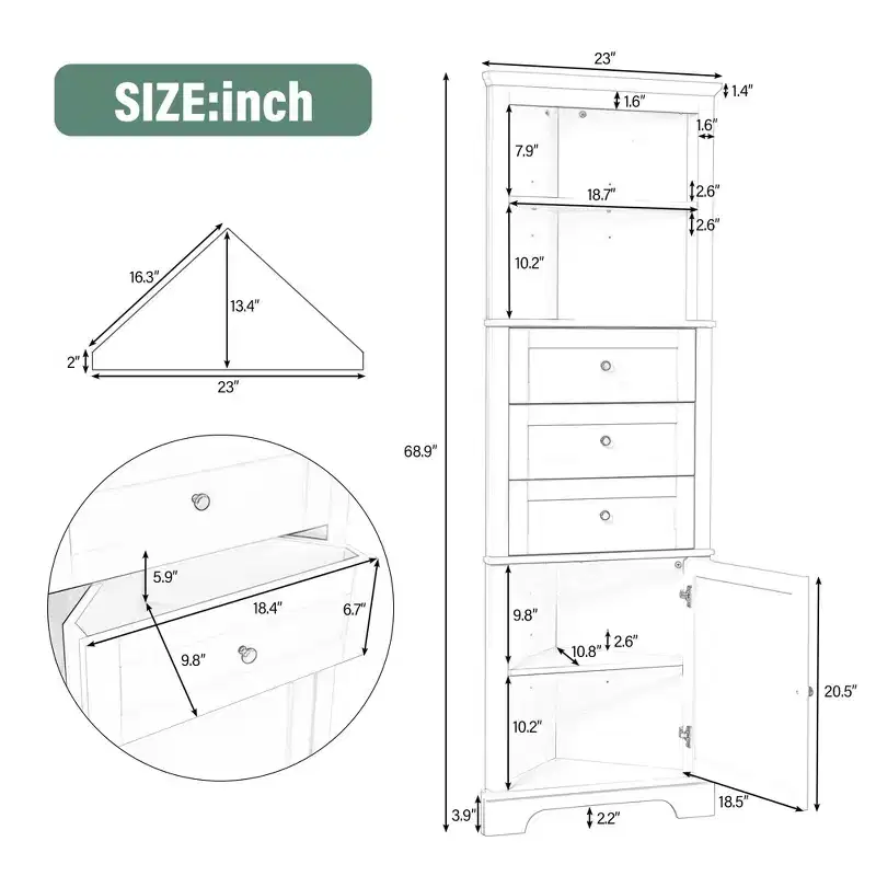 Black Triangle Tall Cabinet with 3 Drawers and Adjustable Shelves for Bathroom Kitchen or Living Room