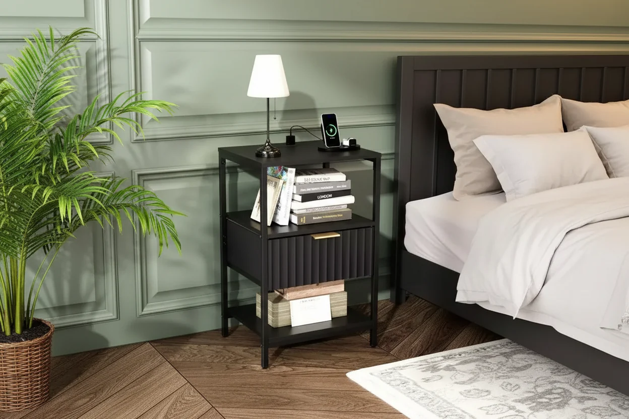 15-Inch Wide Nightstand with 1 Drawer, 2 Shelves and Built-In Power Outlet