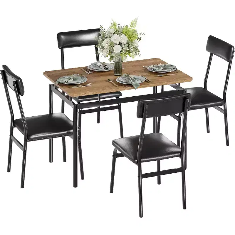 5 Piece Dining Table Set with Wooden Table & 4 PU Upholstered Chairs, Industrial Metal Frame, Compact Kitchen & Dining Room Set