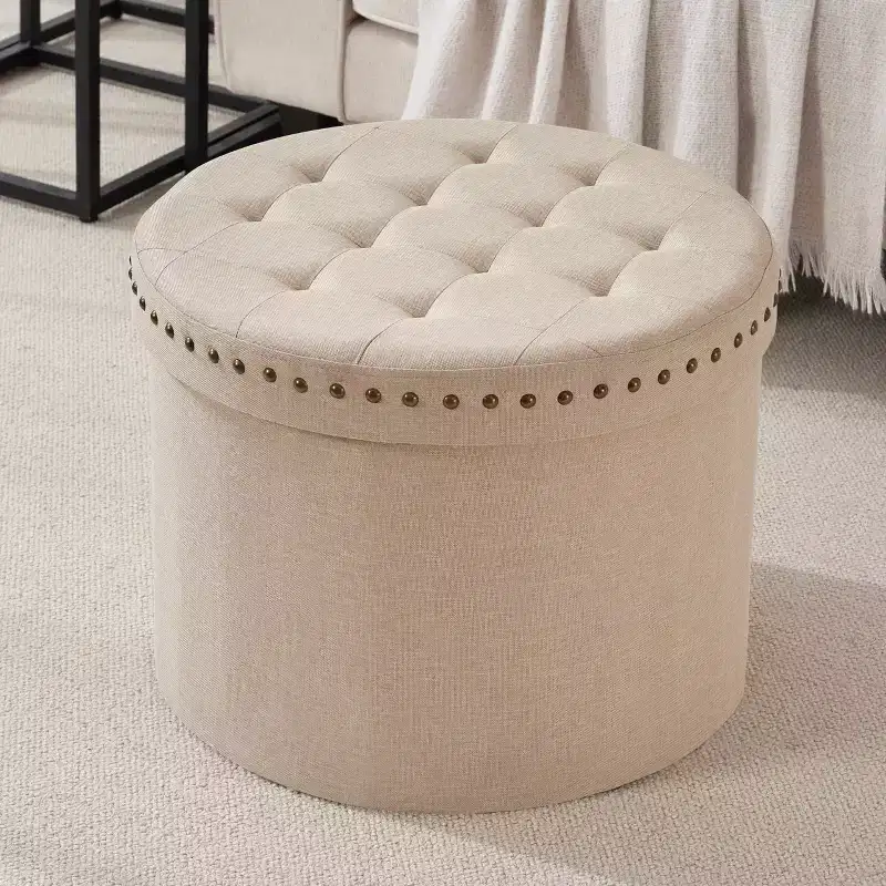 Ornavo Home Decor Large 20 Round Collapsible Storage Ottoman with Nailhead Trim for Living Room and Bedroom