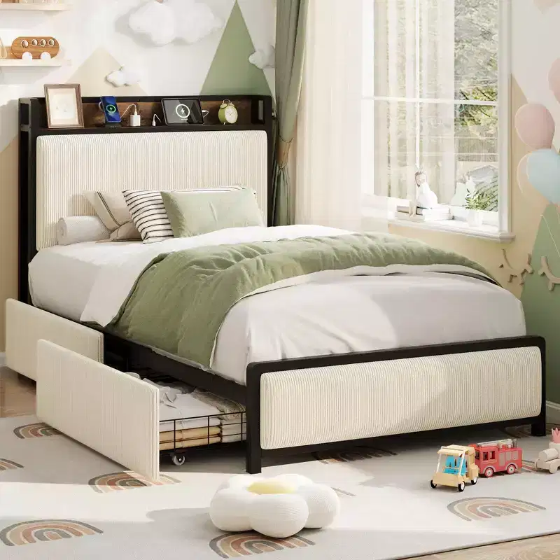 Twin XL Platform Bed with 2 Storage Drawers and Charging Headboard, Rustic Linen, 800 lb