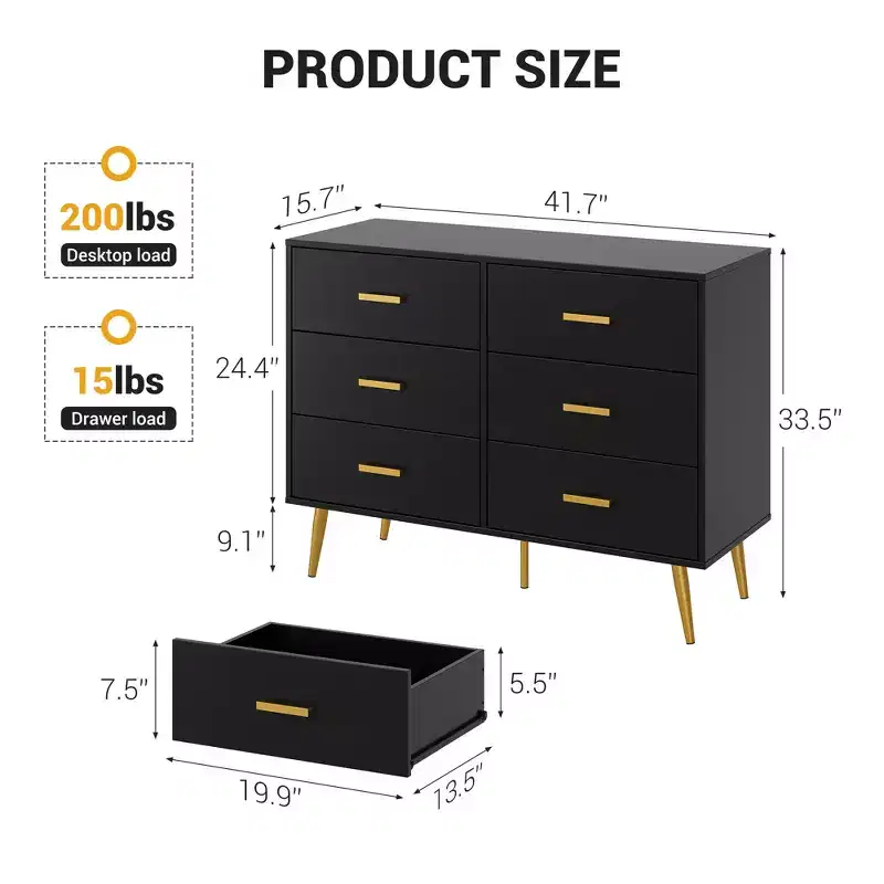 Wooden Chest of Drawers, Modern 6 Drawer Storage Cabinet with Gold Handles and Sturdy Metal Legs, Bedroom Drawer Organizer for Living Room, Hallway